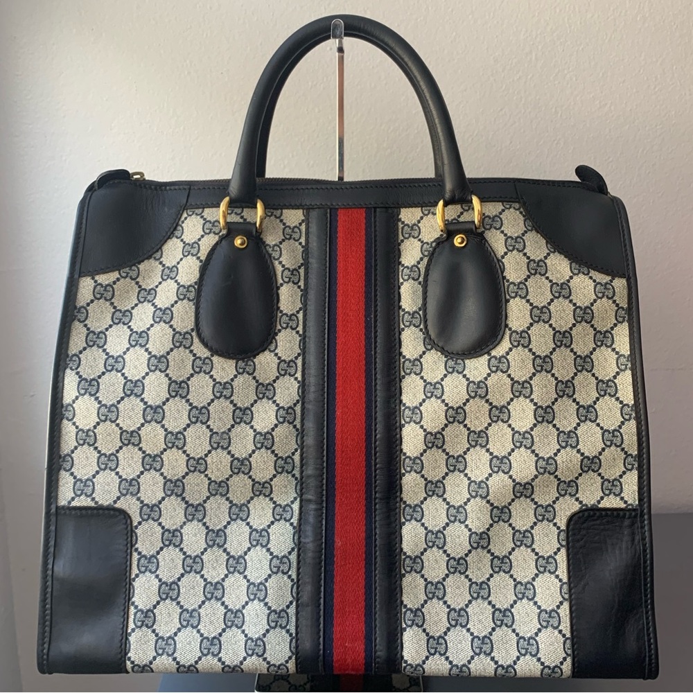 Gucci Beige GG Supreme Tote with Navy and Red Web Stripe and Black Leather Trim